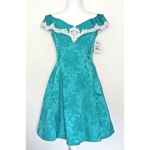 VTG NWT Gunne Sax Short Party Dress Turquoise Brocade White Lace Bead Trim Sz S